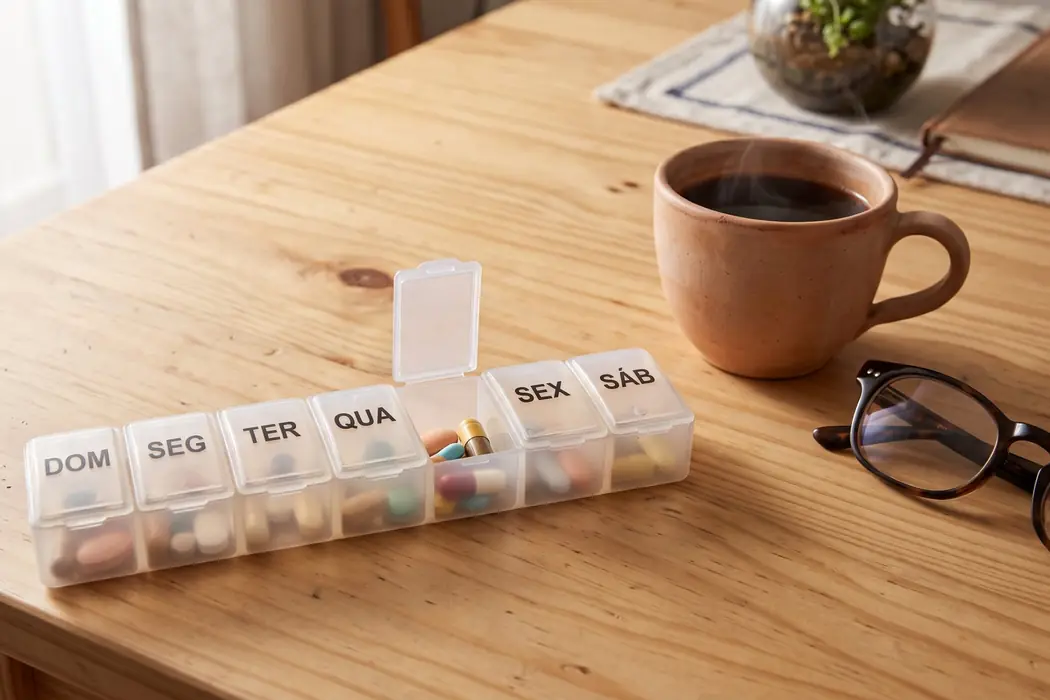 Pastillero semanal sobre la mesa, junto a una taza de café y gafas de lectura